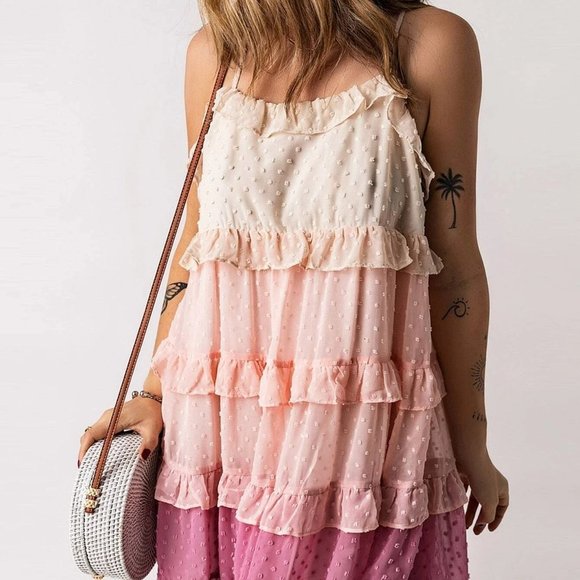 . Dresses & Skirts - Multicolor Boho Womens Swiss Dot Ruffle Trim Layered Hem Cami Dress